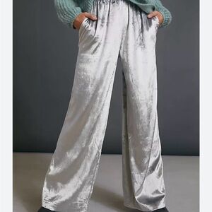 Silver Metallic Velour Wide-Leg Pants